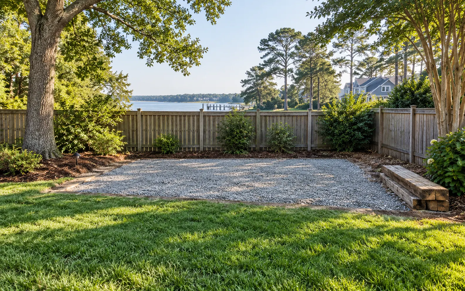 A cleared gravel pad after a backyard shed was removed