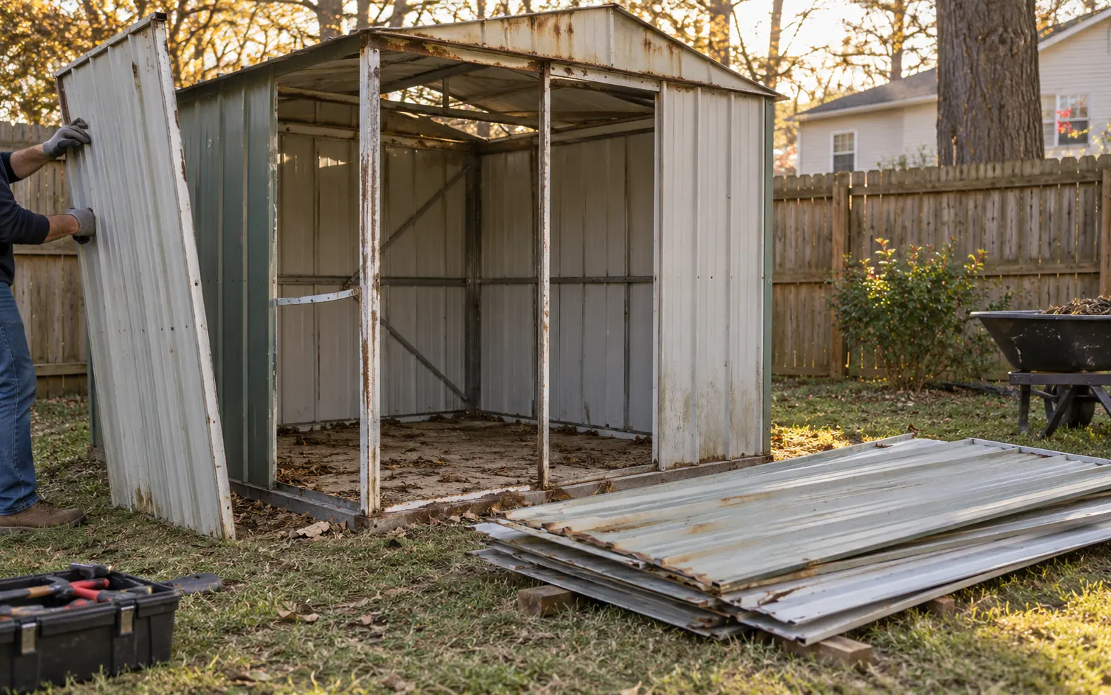 Metal Shed Removal project planning in a residential backyard